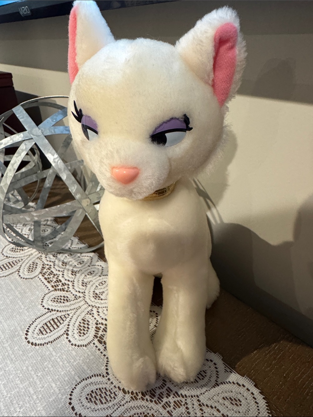 Duchess Disney White Plush Cat Toy with Pink Accents and Purple Eyelids